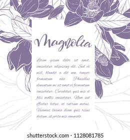 Floral background. Hand drawn vector botanical illustration. Template greeting card, wedding invitation banner with spring flowers. Sketch linear magnolia blossom.Engraved style illustration.