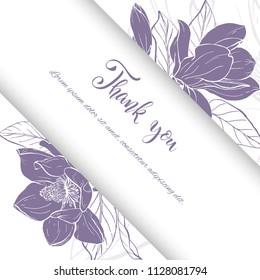 Floral background. Hand drawn vector botanical illustration. Template greeting card, wedding invitation banner with spring flowers. Sketch linear magnolia blossom.Engraved style illustration.