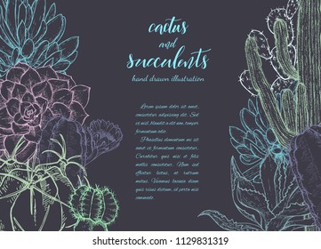 Floral background. Hand drawn vector botanical illustration. Template greeting card, wedding invitation banner with spring flowers. Sketch linear cactus ans succulents . Engraved style illustration.