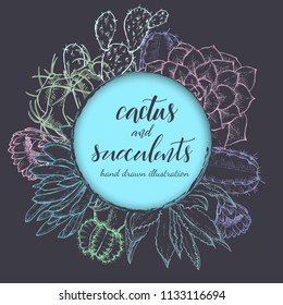 Floral background. Hand drawn vector botanical illustration. Template greeting card, wedding invitation banner with spring flowers. Sketch linear cactus ans succulents . Engraved style illustration.