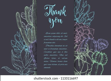 Floral background. Hand drawn vector botanical illustration. Template greeting card, wedding invitation banner with spring flowers. Sketch linear cactus ans succulents . Engraved style illustration.