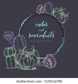 Floral background. Hand drawn vector botanical illustration. Template greeting card, wedding invitation banner with spring flowers. Sketch linear cactus ans succulents . Engraved style illustration.