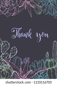 Floral background. Hand drawn vector botanical illustration. Template greeting card, wedding invitation banner with spring flowers. Sketch linear cactus ans succulents . Engraved style illustration.