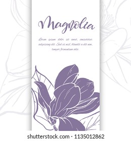 Floral background. Hand drawn vector botanical illustration. Template greeting card, wedding invitation banner with spring flowers. Sketch linear magnolia blossom.Engraved style illustration.
