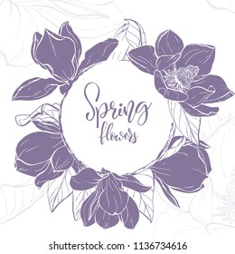 Floral background. Hand drawn vector botanical illustration. Template greeting card, wedding invitation banner with spring flowers. Sketch linear magnolia blossom.Engraved style illustration.