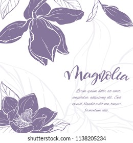 Floral background. Hand drawn vector botanical illustration. Template greeting card, wedding invitation banner with spring flowers. Sketch linear magnolia blossom.Engraved style illustration.