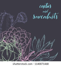 Floral background. Hand drawn vector botanical illustration. Template greeting card, wedding invitation banner with spring flowers. Sketch linear cactus ans succulents . Engraved style illustration.