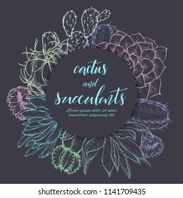 Floral background. Hand drawn vector botanical illustration. Template greeting card, wedding invitation banner with spring flowers. Sketch linear cactus ans succulents . Engraved style illustration.
