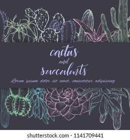 Floral background. Hand drawn vector botanical illustration. Template greeting card, wedding invitation banner with spring flowers. Sketch linear cactus ans succulents . Engraved style illustration.