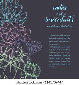 Floral background. Hand drawn vector botanical illustration. Template greeting card, wedding invitation banner with spring flowers. Sketch linear cactus ans succulents . Engraved style illustration.