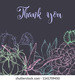 Floral background. Hand drawn vector botanical illustration. Template greeting card, wedding invitation banner with spring flowers. Sketch linear cactus ans succulents . Engraved style illustration.