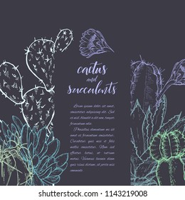 Floral background. Hand drawn vector botanical illustration. Template greeting card, wedding invitation banner with spring flowers. Sketch linear cactus ans succulents . Engraved style illustration.