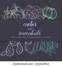 Floral background. Hand drawn vector botanical illustration. Template greeting card, wedding invitation banner with spring flowers. Sketch linear cactus ans succulents . Engraved style illustration.