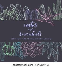 Floral background. Hand drawn vector botanical illustration. Template greeting card, wedding invitation banner with spring flowers. Sketch linear cactus ans succulents . Engraved style illustration.