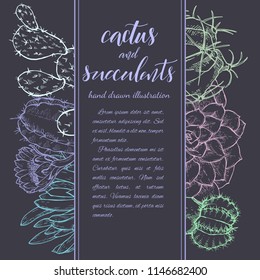 Floral background. Hand drawn vector botanical illustration. Template greeting card, wedding invitation banner with spring flowers. Sketch linear cactus ans succulents . Engraved style illustration.