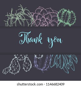 Floral background. Hand drawn vector botanical illustration. Template greeting card, wedding invitation banner with spring flowers. Sketch linear cactus ans succulents . Engraved style illustration.