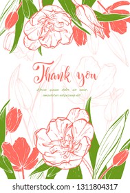 Floral background. Hand drawn vector botanical illustration. Template greeting card, wedding invitation banner with spring flowers. Sketch linear tulips blossom.Engraved style illustration.