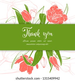 Floral background. Hand drawn vector botanical illustration. Template greeting card, wedding invitation banner with spring flowers. Sketch linear tulips blossom.Engraved style illustration.