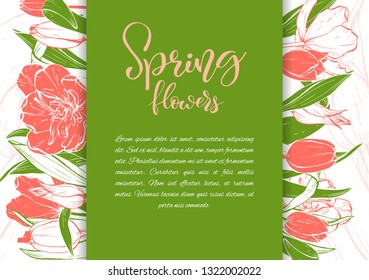 Floral background. Hand drawn vector botanical illustration. Template greeting card, wedding invitation banner with spring flowers. Sketch linear tulips blossom.Engraved style illustration.
