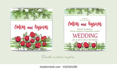 Floral background. Hand drawn vector botanical illustration. Template greeting card, wedding invitation banner with spring flowers. Sketch Tulip blossom. Available for editing.