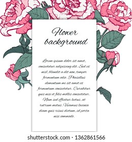 Floral background. Hand drawn vector botanical illustration. Template greeting card, wedding invitation banner with beauty roses. Engraved style illustration.