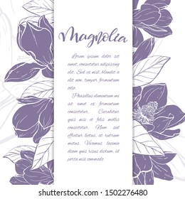 Floral background. Hand drawn vector botanical illustration. Template greeting card, wedding invitation banner with spring flowers. Sketch linear magnolia blossom.Engraved style illustration.