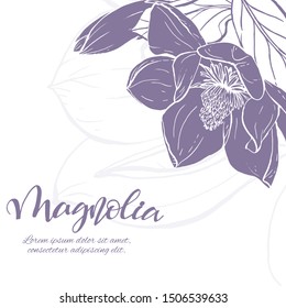 Floral background. Hand drawn vector botanical illustration. Template greeting card, wedding invitation banner with spring flowers. Sketch linear magnolia blossom.Engraved style illustration.
