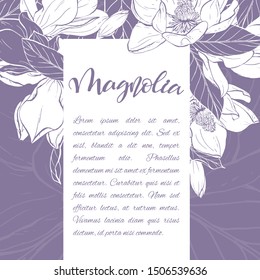 Floral background. Hand drawn vector botanical illustration. Template greeting card, wedding invitation banner with spring flowers. Sketch linear magnolia blossom.Engraved style illustration.