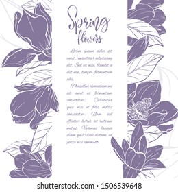 Floral background. Hand drawn vector botanical illustration. Template greeting card, wedding invitation banner with spring flowers. Sketch linear magnolia blossom.Engraved style illustration.
