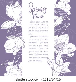 Floral background. Hand drawn vector botanical illustration. Template greeting card, wedding invitation banner with spring flowers. Sketch linear magnolia blossom.Engraved style illustration.
