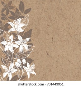 Floral background with hand-drawn branches of flowers neroli. Vector illustration on a kraft paper with  place for text. Invitation, greeting card or an element for your design.