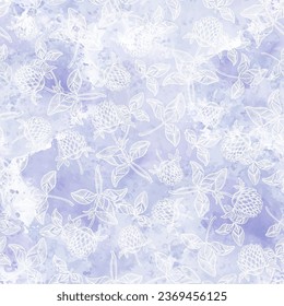 Floral background with hand-drawn clover flowers on lilac watercolor background. Outline. Vector illustration. Perfect for design templates, wallpaper, wrapping, fabric and textile.