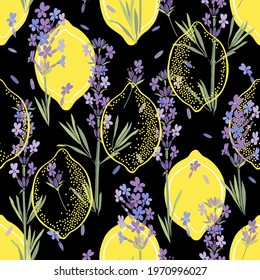 Floral background with hand-drawn lavender flowers and lemons. Vector illustration on black.   Texture for fabric, wrapping paper, postcards.