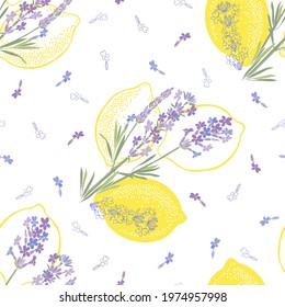 Floral background with hand-drawn lavender flowers and lemons. Vector illustration on white.