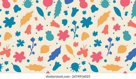 Children’s floral background. Hand-drawn nature elements, insects, leaves, and flowers on a light yellow background. Colourful botanical seamless pattern.