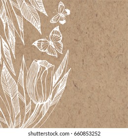 Floral background with hand-drawn tulip and butterflies. Vector illustration on a kraft paper with  place for text. Invitation, greeting card or an element for your design.