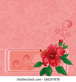 Floral background for holiday design, hibiscus flowers, leaves and contours and abstract pattern. Vector