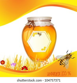 Floral background with honey and bees