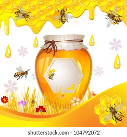 Floral background with honey and bees