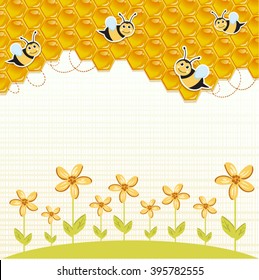 Floral background with honey and bees