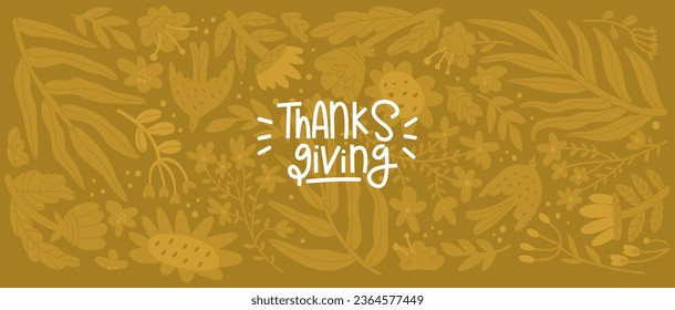 Floral background in a horizontal format in autumn colors with the inscription thanksgiving. Plants, leaves and birds. Positive ornament for decorating greeting cards. Isolated vector illustration.