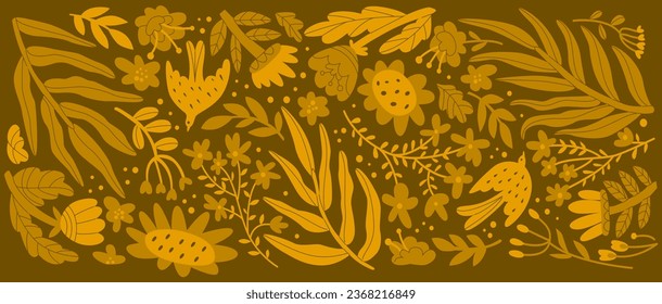 Floral background in a horizontal format in autumn colors. Plants, leaves and birds. Positive ornament for decorating cards or packaging. Isolated vector illustration in doodle style.