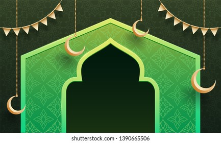 Floral background, illustration of Mosque gate and hanging moon with bunting decoration for Ramadan Kareem Celebration header banner or poster design.