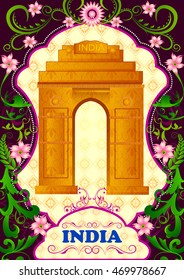 Floral background with India Gate showing Incredible India in vector