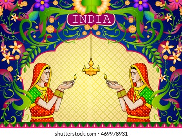 Floral background with Indian lady with diwali diya showing Incredible India in vector