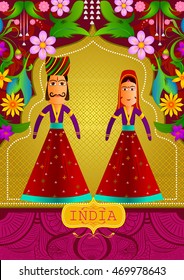 Floral background with Indian puppet of king and queen showing Incredible India in vector