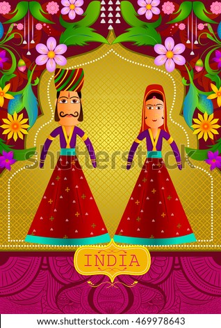 Floral background with Indian puppet of king and queen showing Incredible India in vector