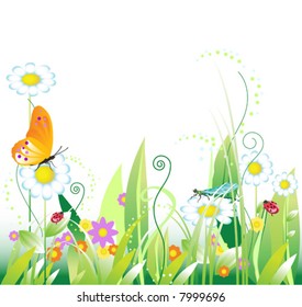 Fundo floral com insetos. Verão. Ilustração vetorial.