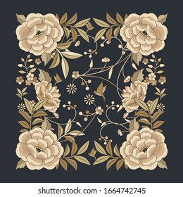 Floral background inspired by embroidered fabrics in vintage oriental style