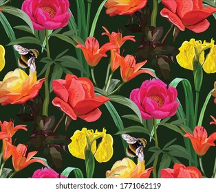 
Floral background with irises, peonies and roses. Vector stock illustration Floral background